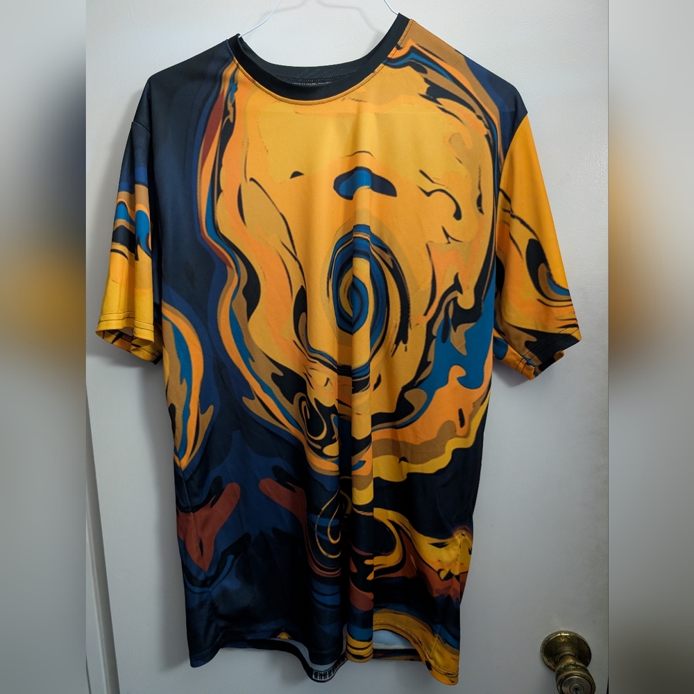 Vibrant Yellow and Blue Short Sleeve Tee with Artistic Design